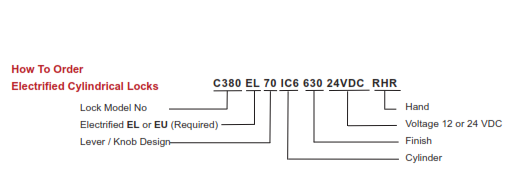 When ordering a part, specify (in this order): Lock Model No, Electrified EU or EL, Lever/Knob Design, Voltage (12 or 24 VDC), Cylinder, Finish,  Voltage (12 or 24 VDC), and the hand. Ex: C380 EL 70 IC6 630 24VDC RHR.